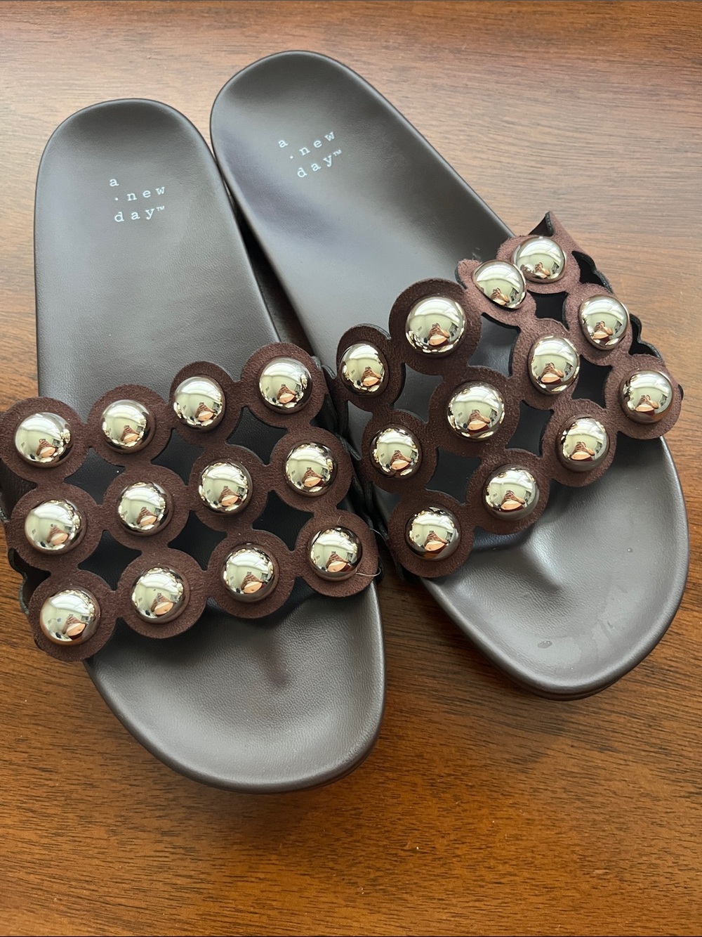 a new day Brown Slide Sandals with Gold Stud Detail